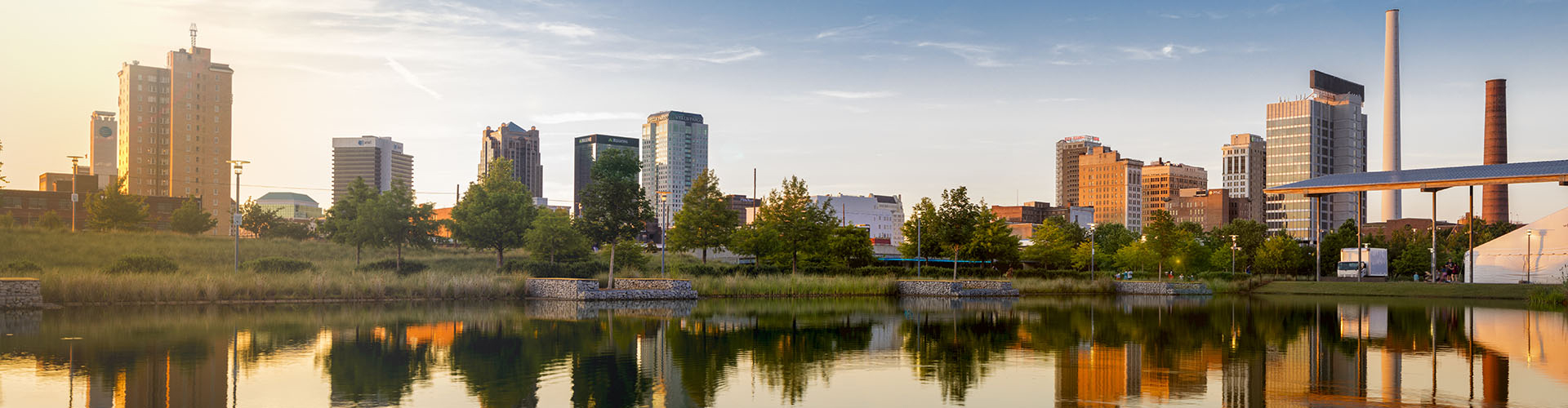 Birmingham Alabama skyline from Railroad Park at dusk. Looking NNW